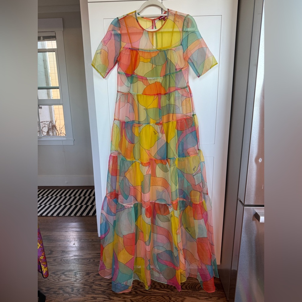 STAUD Multicolor Sheer Floral Maxi Dress - Yellow, Pink, Blue, Green